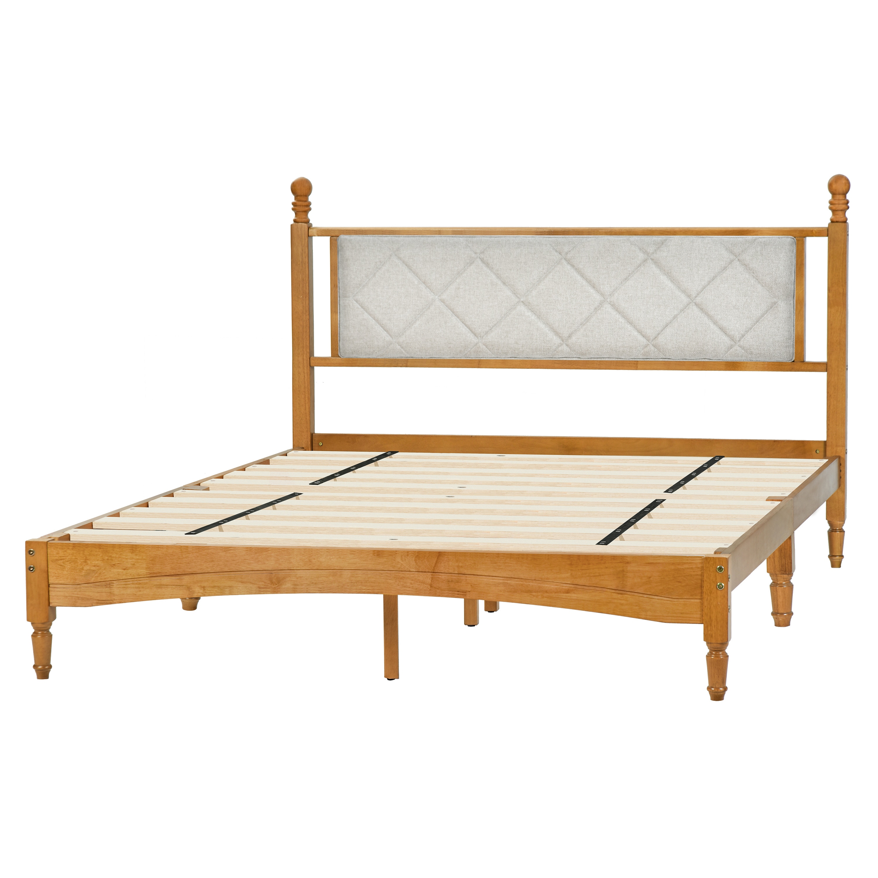 Wood Bed Frame with Fabric Upholstered Headboard, Solid Rubber Wood with Wood Central Supports, 1000 Lb Capacity, Easy Assembly, No Box Spring Needed, Full - Rustic Oak Wood Bed Frame with Fabric Upholstered Headboard, Solid Rubber Wood with Wood Central Supports, 1000 Lb Capacity, Easy Assembly, No Box Spring Needed, Full - Rustic Oak